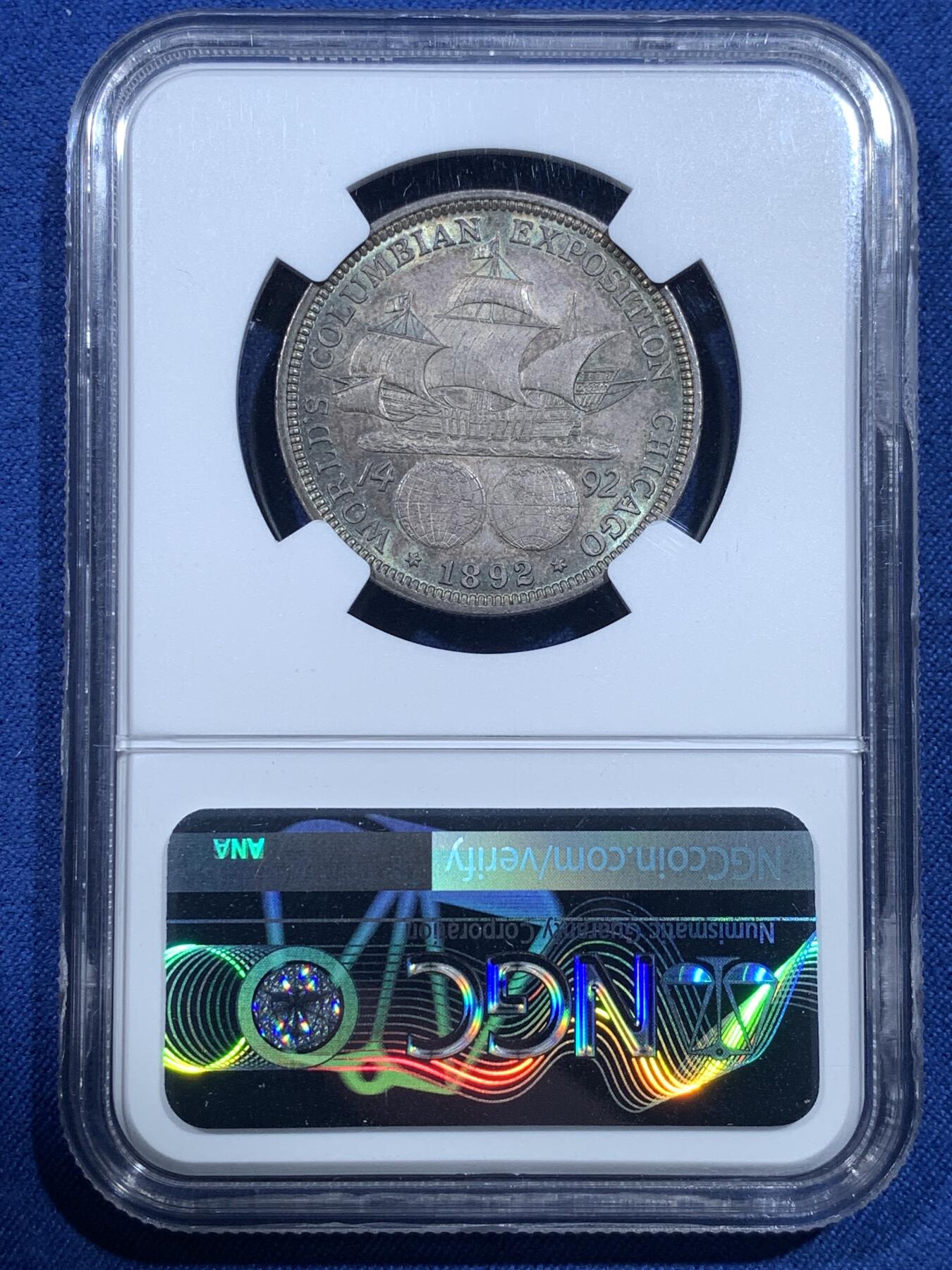 《竞宝斋》第482场 周日，周一 2场连拍 （全场包邮）20级店铺 欢迎送拍 NGC MS64 美国 1892年 哥伦布半美元 纪念银币 少见的绿色包浆 非常好看