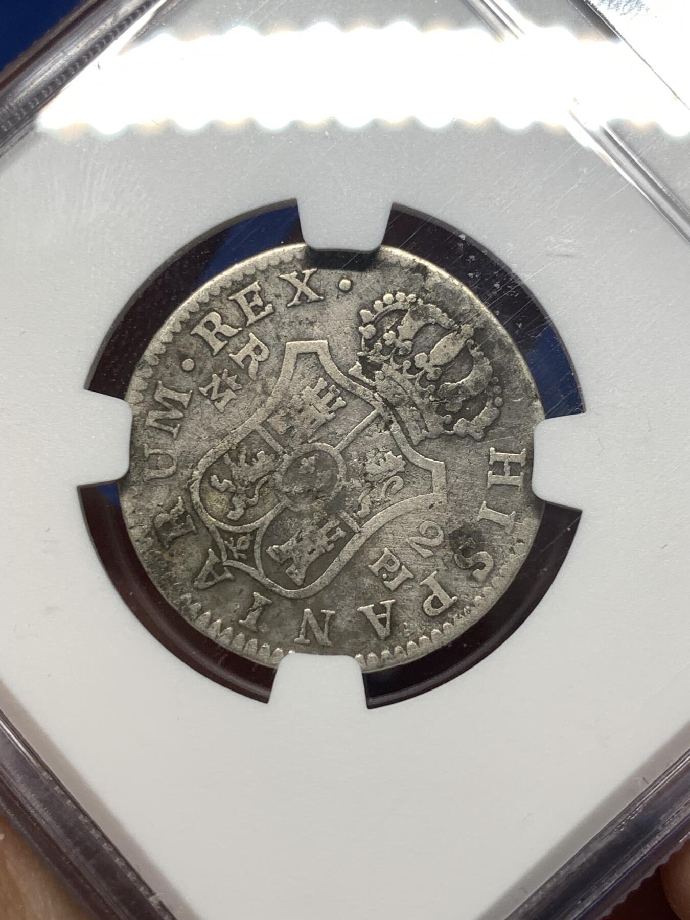 《竞宝斋》第482场 周日，周一 2场连拍 （全场包邮）20级店铺 欢迎送拍 NGC VGD 1778年西班牙本土2里亚尔银币，卡洛斯三世时期，马德里厂打制/M.验金师PJ，花边，少见品种。