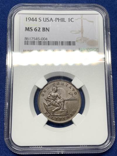 《竞宝斋》第482场 周日，周一 2场连拍 （全场包邮）20级店铺 欢迎送拍 - NGC MS62BN 菲律宾 1944年 1分 铜币 红光俱在