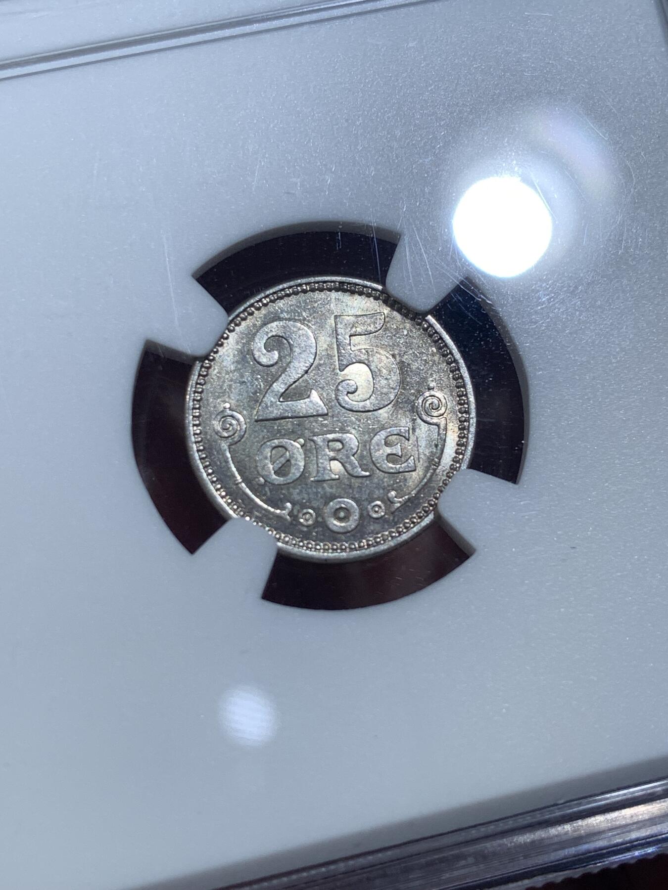 《竞宝斋》第482场 周日，周一 2场连拍 （全场包邮）20级店铺 欢迎送拍 NGC MS63 丹麦 1918年 25欧尔银币 凝光犀利 百年前的辅币这个状态也是难得了，值得入手