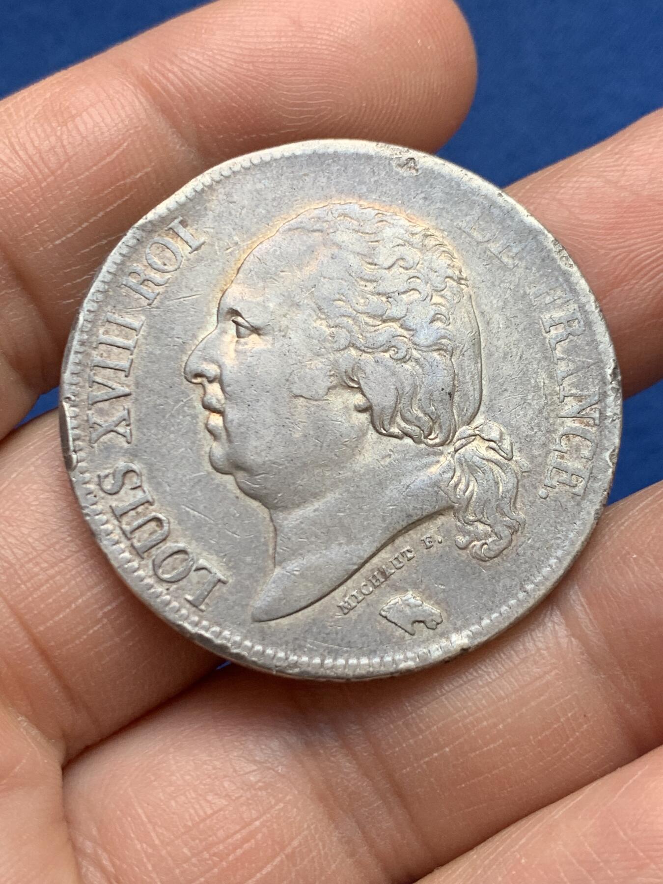 《竞宝斋》第482场 周日，周一 2场连拍 （全场包邮）20级店铺 欢迎送拍 法国1824年路易十八5法郎银币，路易十八在位最后一年，少见版本。