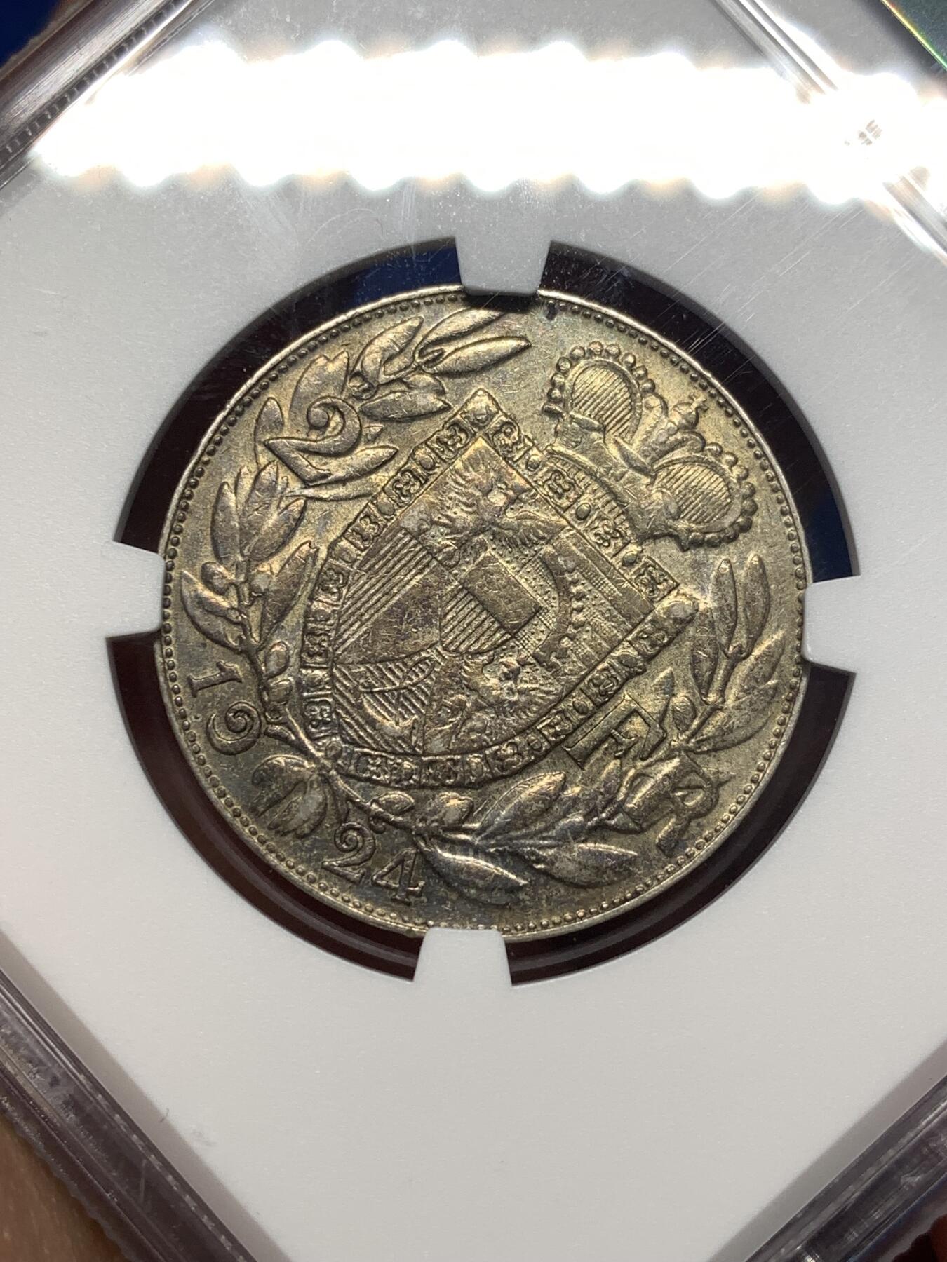 《竞宝斋》第482场 周日，周一 2场连拍 （全场包邮）20级店铺 欢迎送拍 NGC AU55 列支敦士登 1924年 约翰二世2法郎银币 独年发行 法郎版本比克朗版少很多