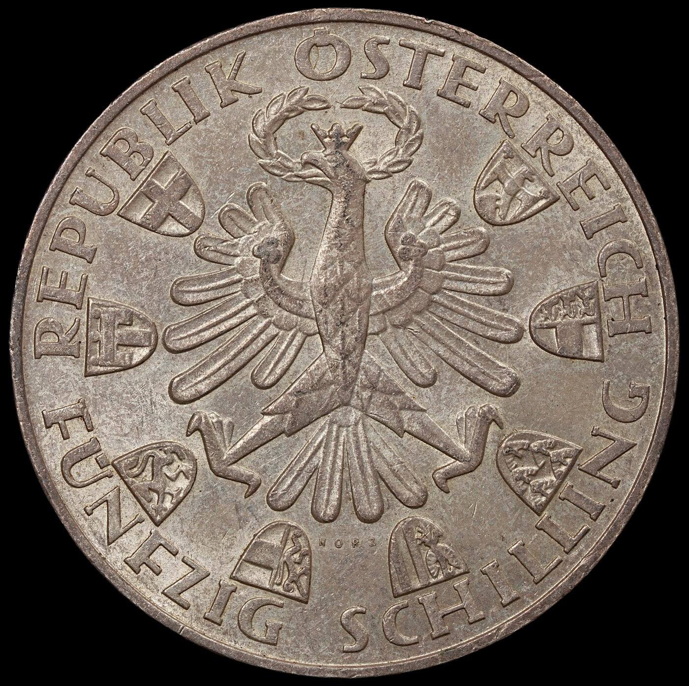 修遠堂世界钱币第112期 1959年奥地利-蒂罗尔自由运动 150 周年 50 先令银币，20g，含银90%