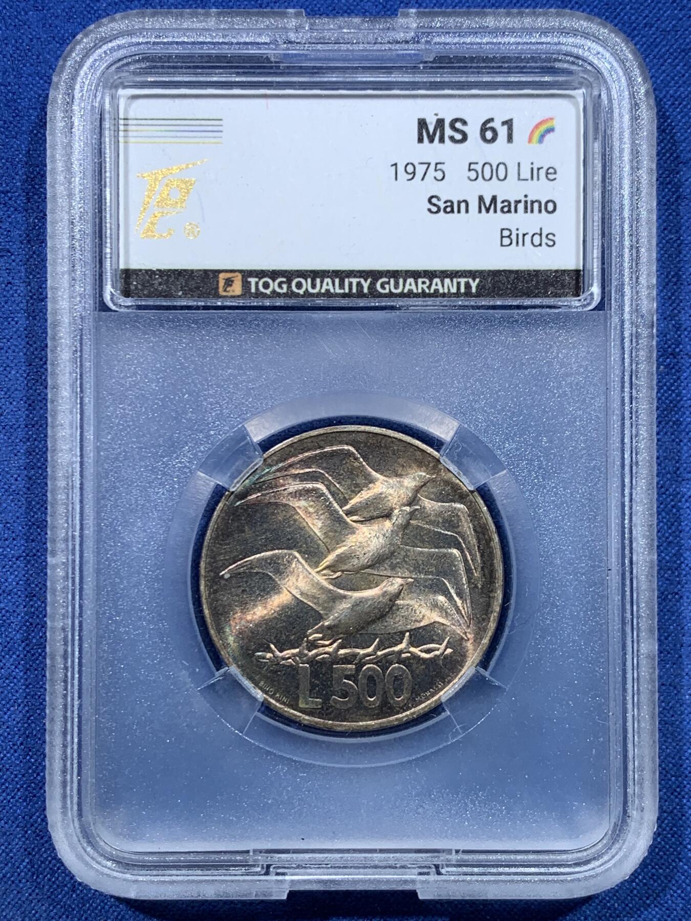 《竞宝斋》第482场 周日，周一 2场连拍 （全场包邮）20级店铺 欢迎送拍 TQG MS61 圣马力诺1975年500里拉银币，飞鸟主题，经典老银币，历史感拉满，欧洲袖珍国少见品种，收藏级品相