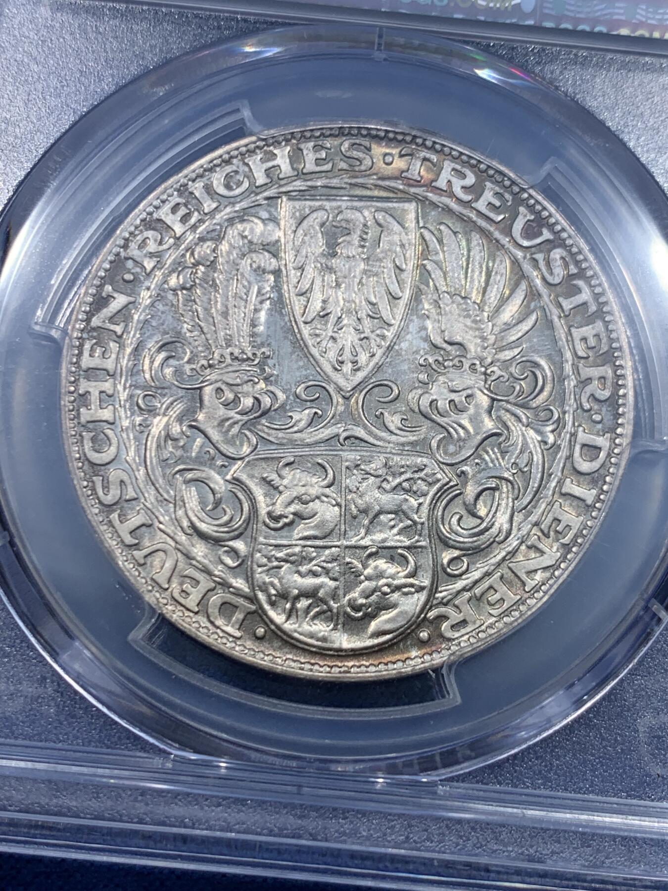 《竞宝斋》第482场 周日，周一 2场连拍 （全场包邮）20级店铺 欢迎送拍 PCGS SP66 德国1927年兴登堡80大寿5马克币型银章，冠军分