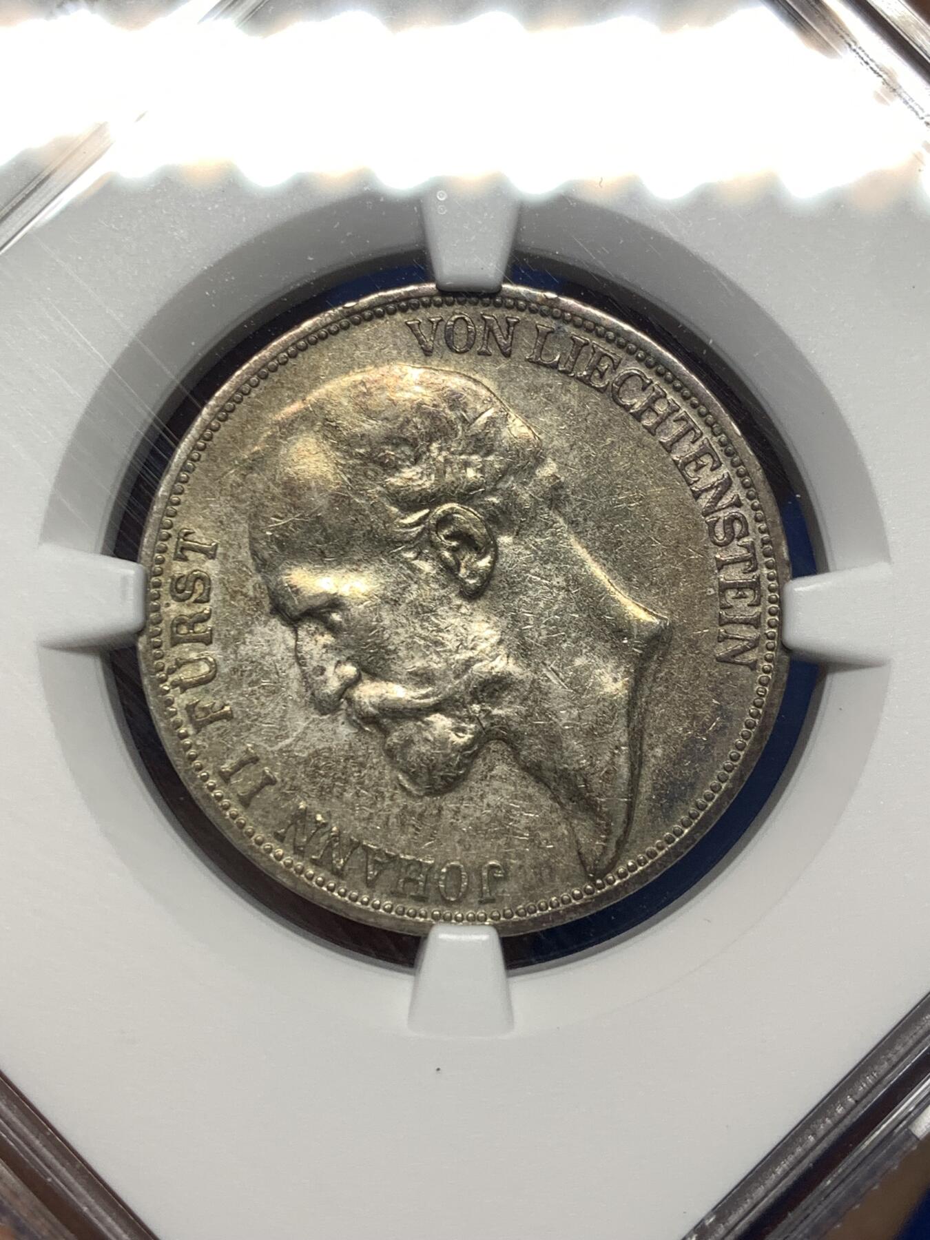 《竞宝斋》第482场 周日，周一 2场连拍 （全场包邮）20级店铺 欢迎送拍 NGC AU55 列支敦士登 1924年 约翰二世2法郎银币 独年发行 法郎版本比克朗版少很多