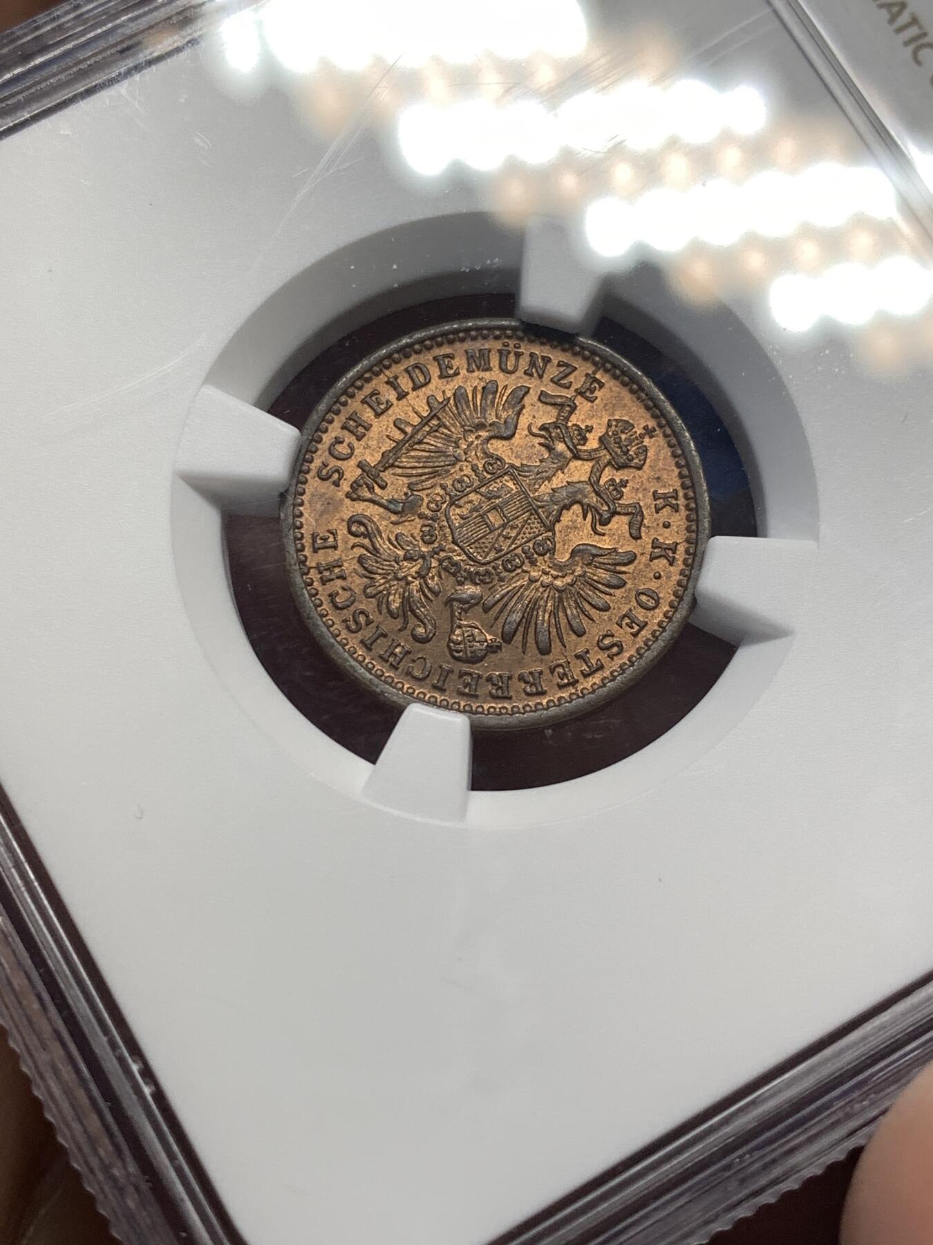 《竞宝斋》第482场 周日，周一 2场连拍 （全场包邮）20级店铺 欢迎送拍 NGC MS63RB 奥地利1891年1克鲁泽铜币，原光状态小铜币