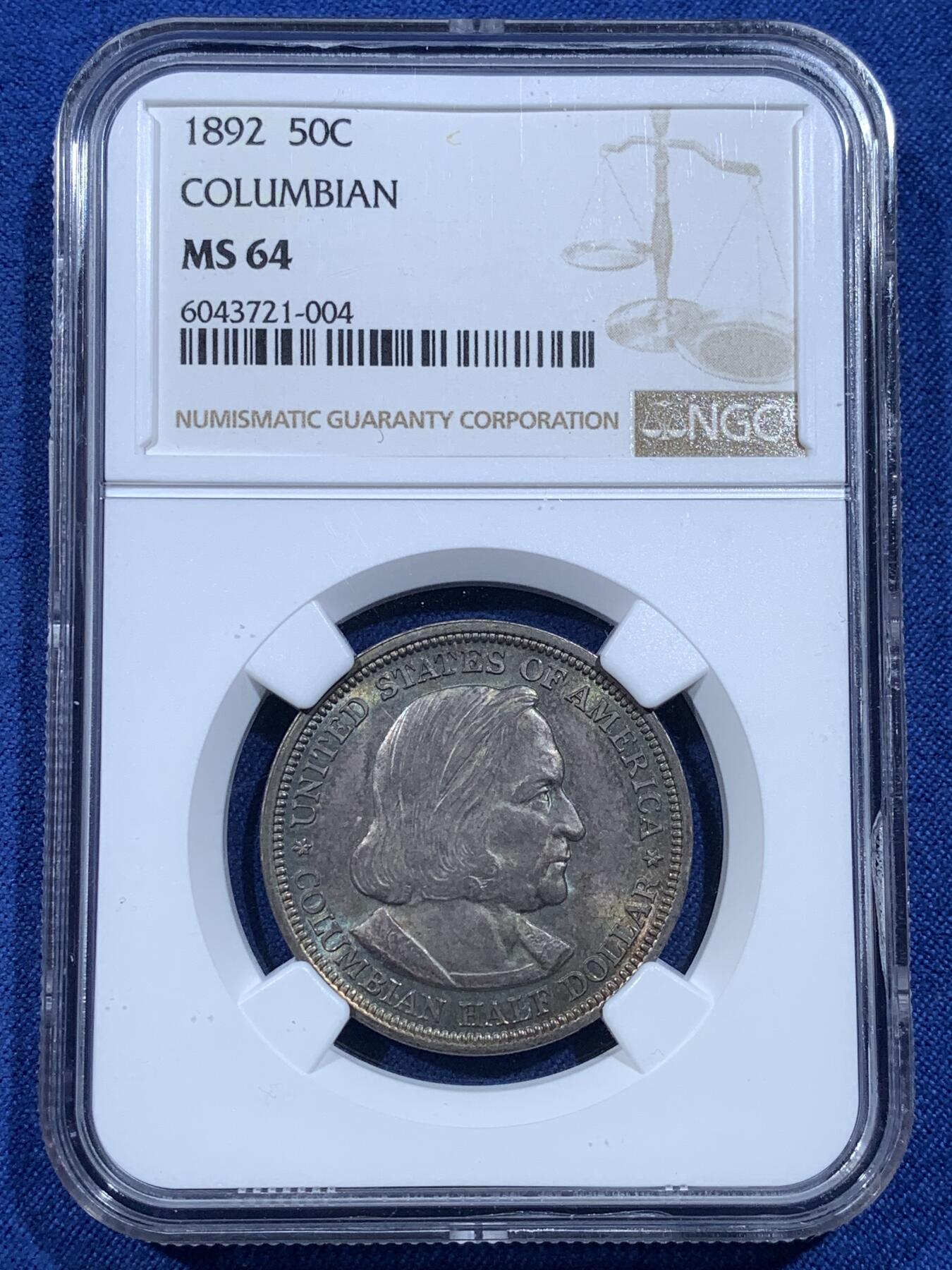 《竞宝斋》第482场 周日，周一 2场连拍 （全场包邮）20级店铺 欢迎送拍 NGC MS64 美国 1892年 哥伦布半美元 纪念银币 少见的绿色包浆 非常好看