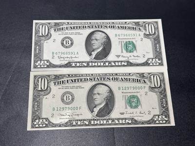 《外钞收藏家》第六百二十九期（精品场）（长期征集拍品、欢迎藏友们联系合作） 美国小头版1990和63年10美元2张一起 63年边上有瑕疵2个裂口+90年全新不绝小瑕疵