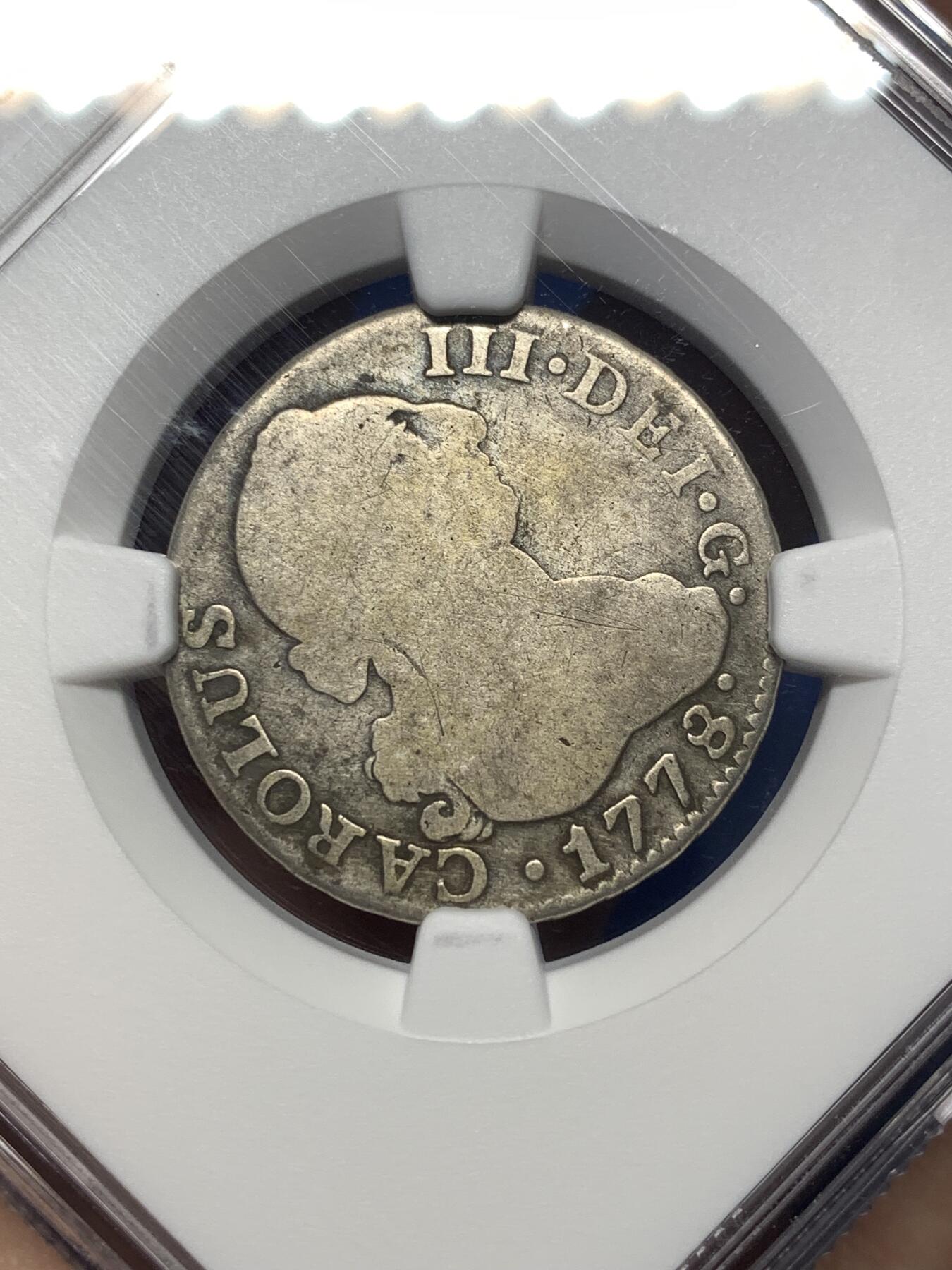 《竞宝斋》第482场 周日，周一 2场连拍 （全场包邮）20级店铺 欢迎送拍 NGC VGD 1778年西班牙本土2里亚尔银币，卡洛斯三世时期，马德里厂打制/M.验金师PJ，花边，少见品种。