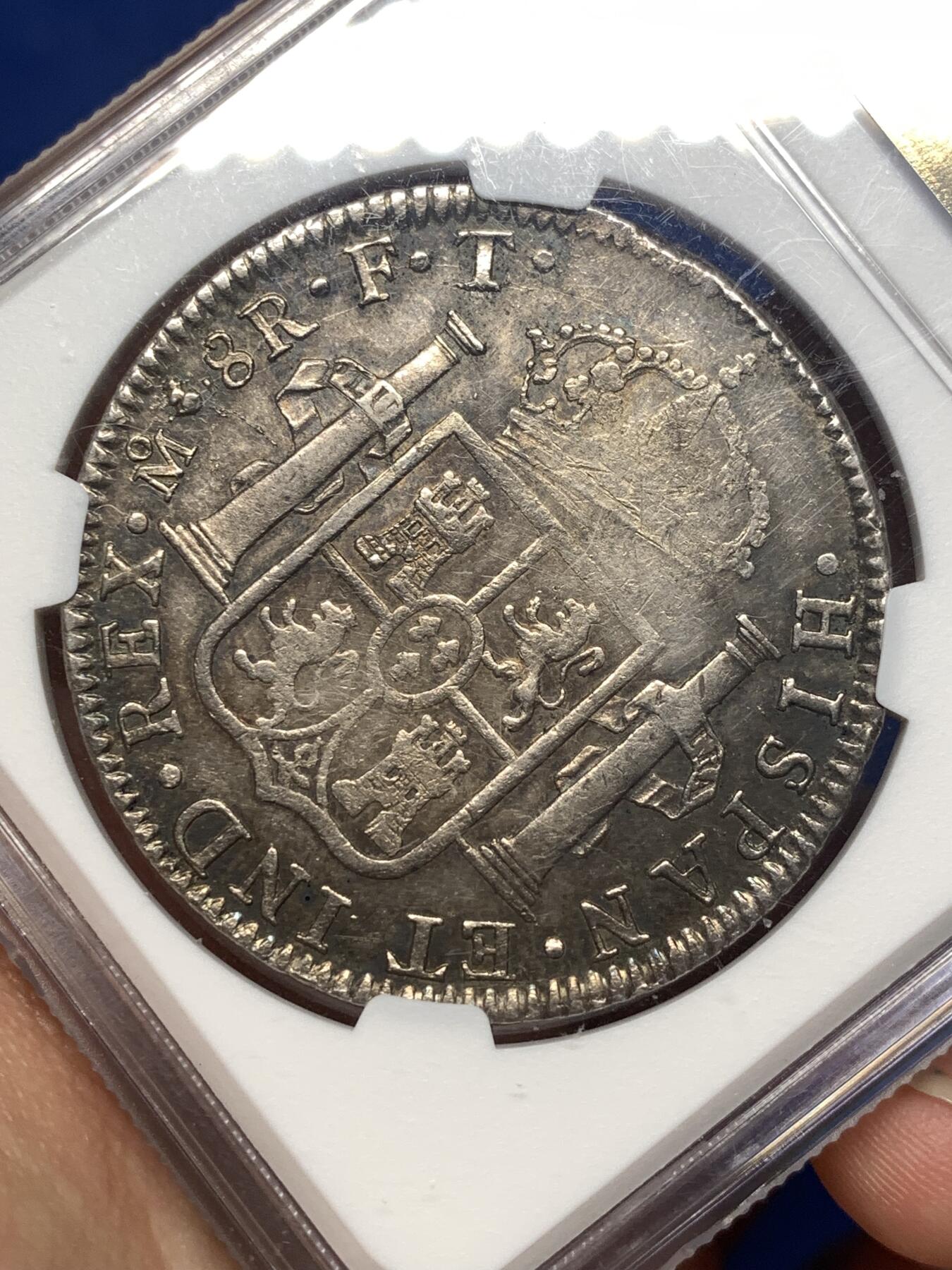 《竞宝斋》第482场 周日，周一 2场连拍 （全场包邮）20级店铺 欢迎送拍 NGC VFD 1801年西属墨西哥卡洛斯四世8R银币 F·T/F·M骑字版