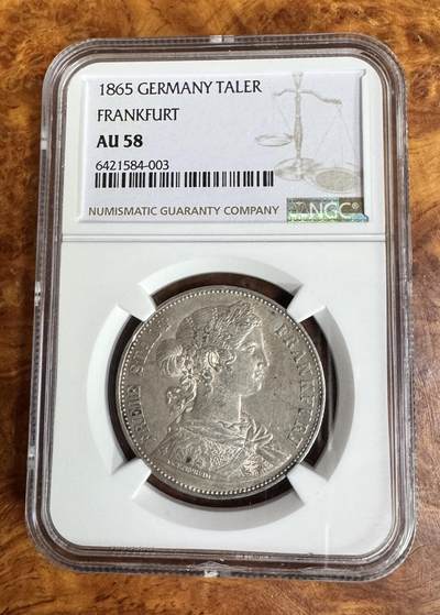 得物收藏 Chase Auction 第37期 - - 外钞、银元、民国钞和人民币混合场！ 持续更新！ 1865年 德国泰勒银币，法兰克福少女，NGC AU58！