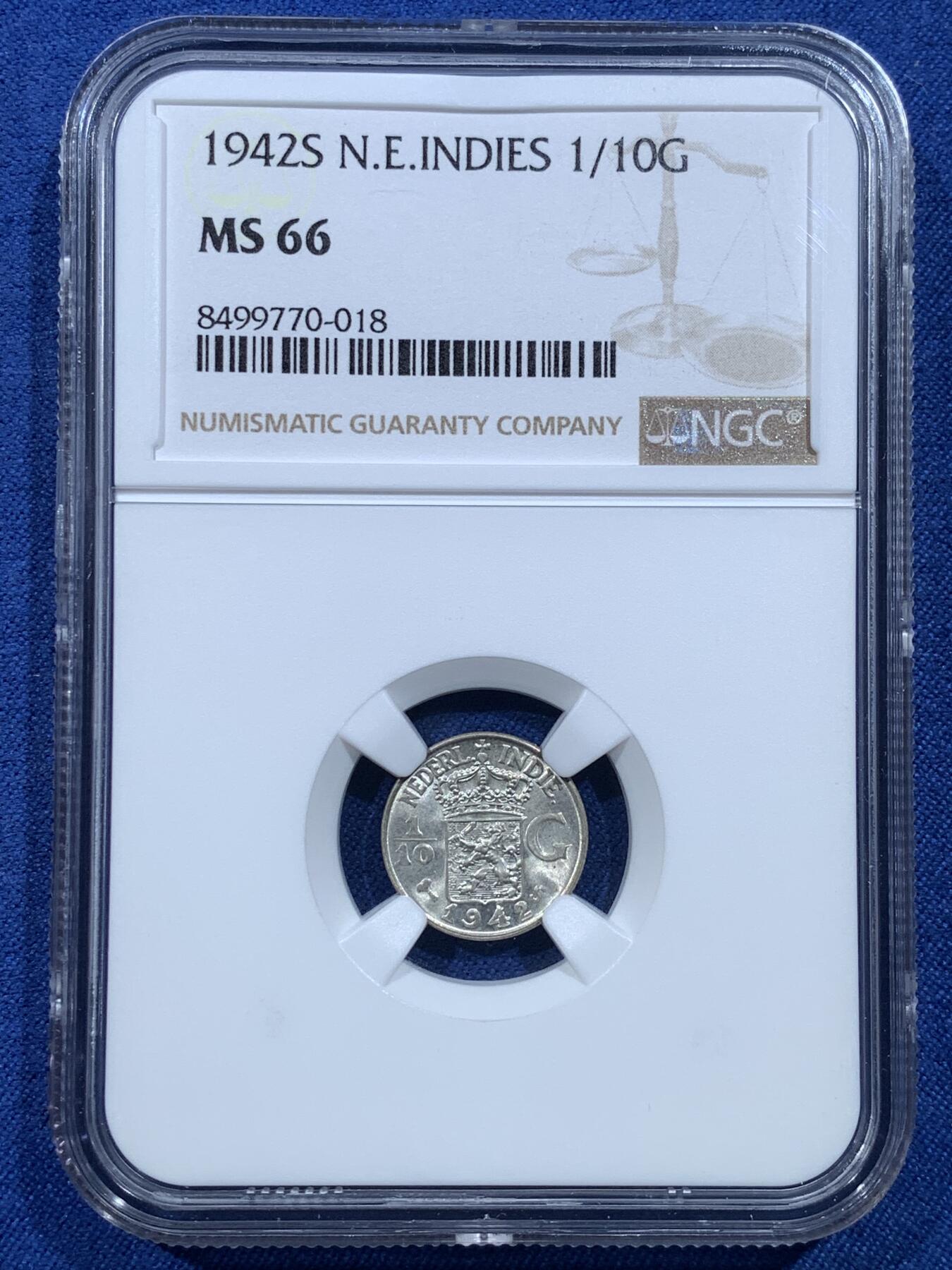 《竞宝斋》第482场 周日，周一 2场连拍 （全场包邮）20级店铺 欢迎送拍 NGC MS66 荷属东印度群岛（今印尼）1942年1/10盾银币