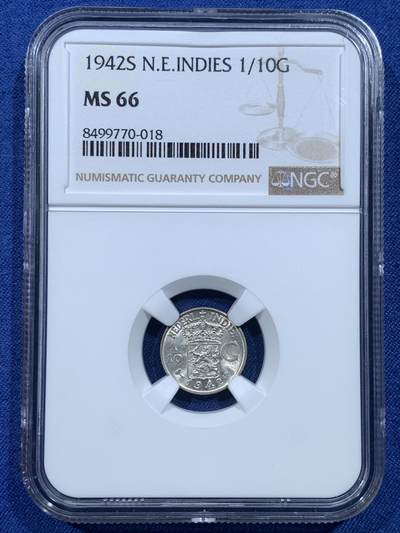 《竞宝斋》第482场 周日，周一 2场连拍 （全场包邮）20级店铺 欢迎送拍 - NGC MS66 荷属东印度群岛（今印尼）1942年1/10盾银币