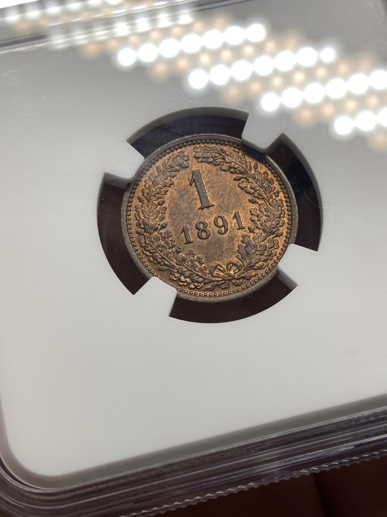 《竞宝斋》第482场 周日，周一 2场连拍 （全场包邮）20级店铺 欢迎送拍 NGC MS63RB 奥地利1891年1克鲁泽铜币，原光状态小铜币