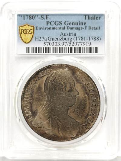 博洋堂“生趣盎然”4月精品专场暨第169期（全场包邮） - PCGS F Detail 奥地利根茨堡特蕾莎泰勒银币，少见原铸大奶妈