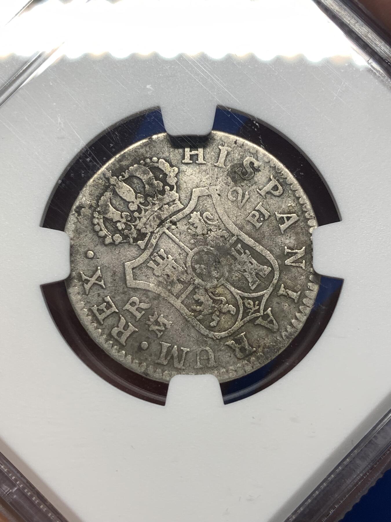 《竞宝斋》第482场 周日，周一 2场连拍 （全场包邮）20级店铺 欢迎送拍 NGC VGD 1778年西班牙本土2里亚尔银币，卡洛斯三世时期，马德里厂打制/M.验金师PJ，花边，少见品种。