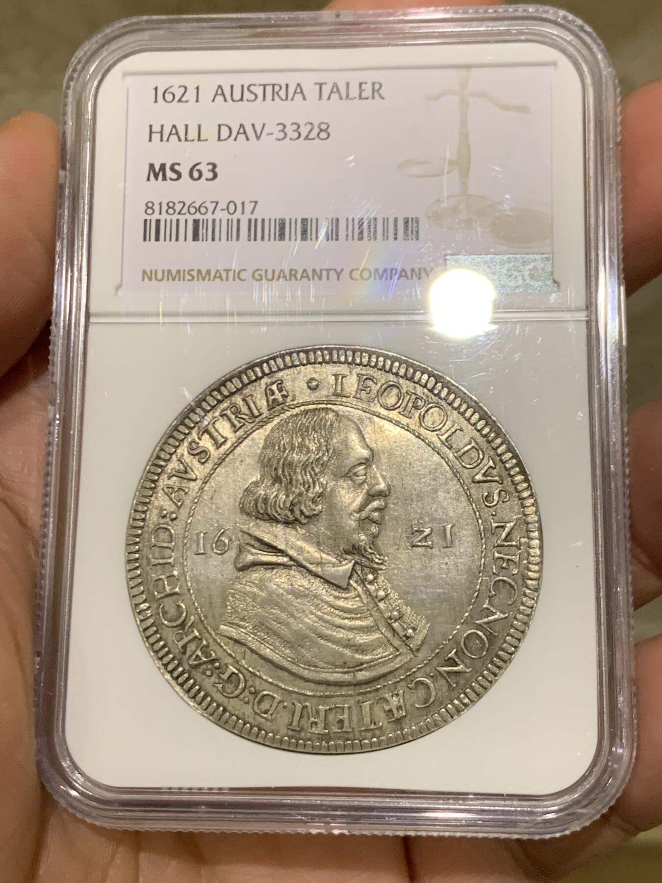 《竞宝斋》第482场 周日，周一 2场连拍 （全场包邮）20级店铺 欢迎送拍 唯一亚军分 NGC MS63 奥地利帝国 1621年 利奥波德 泰勒大银币 400多年的老泰勒 能有这个品质确实难得