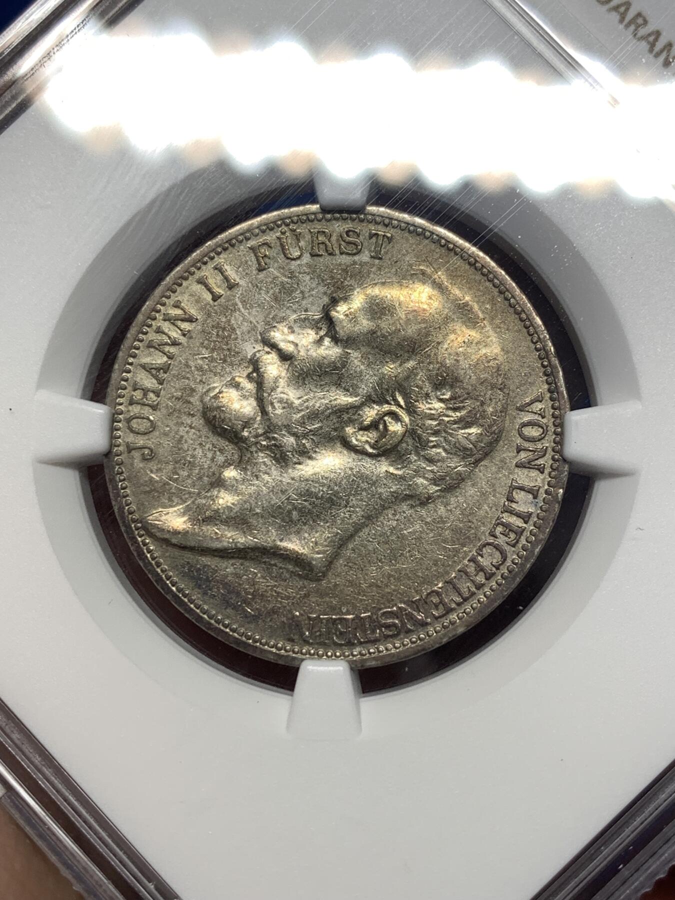 《竞宝斋》第482场 周日，周一 2场连拍 （全场包邮）20级店铺 欢迎送拍 NGC AU55 列支敦士登 1924年 约翰二世2法郎银币 独年发行 法郎版本比克朗版少很多