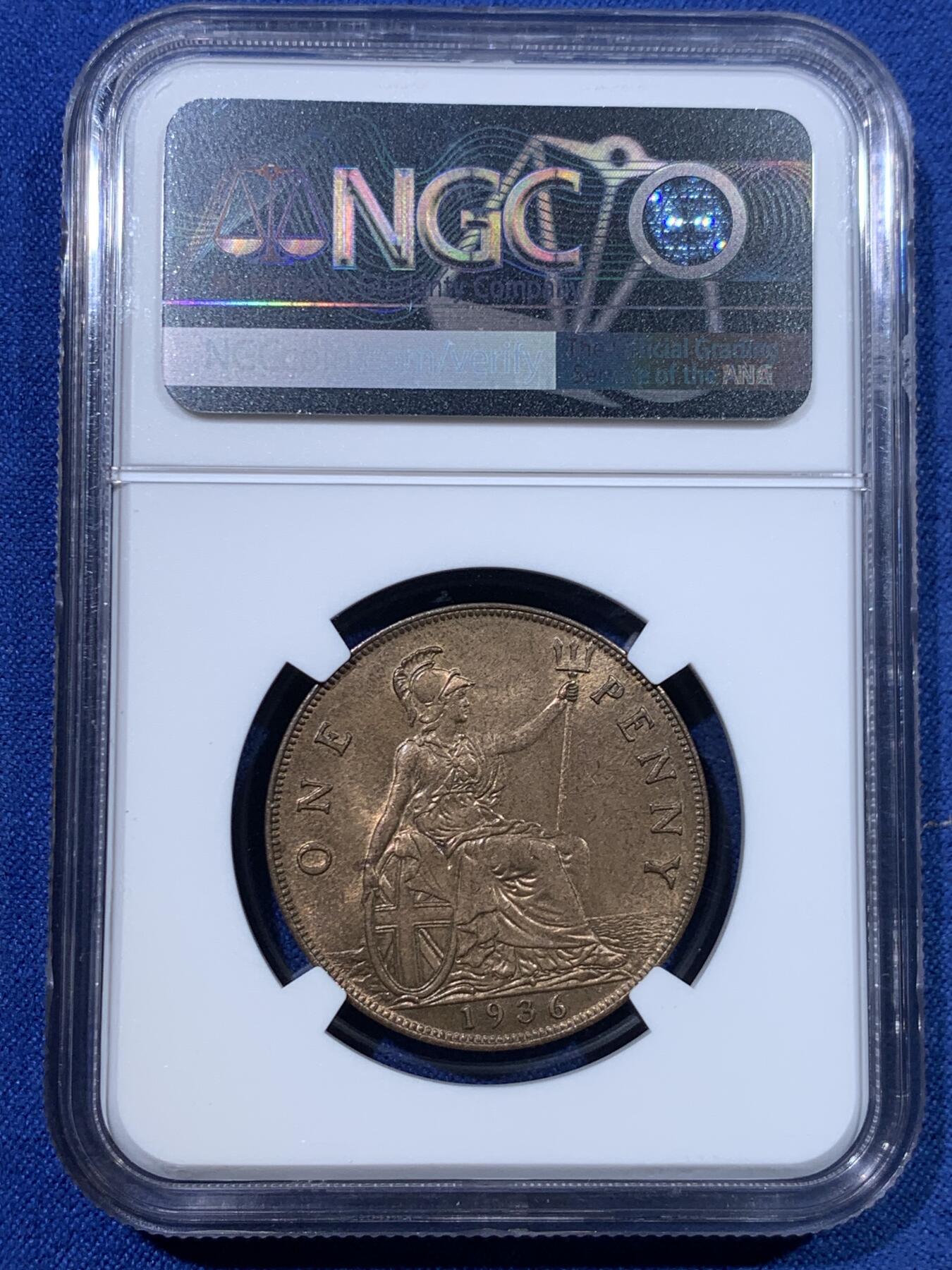 《竞宝斋》第482场 周日，周一 2场连拍 （全场包邮）20级店铺 欢迎送拍 NGC MS63BN 英国1936年乔治五世1便士大铜币，铜光挺好，状态不错，便士流通充分，好品较少