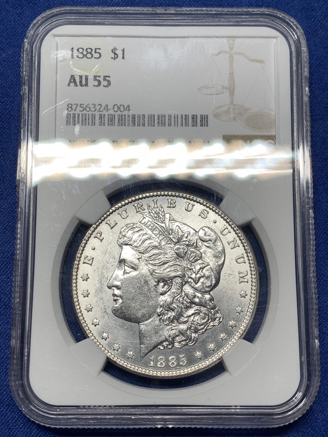 《竞宝斋》第482场 周日，周一 2场连拍 （全场包邮）20级店铺 欢迎送拍 NGC AU55 美国1885年摩根1美元银币