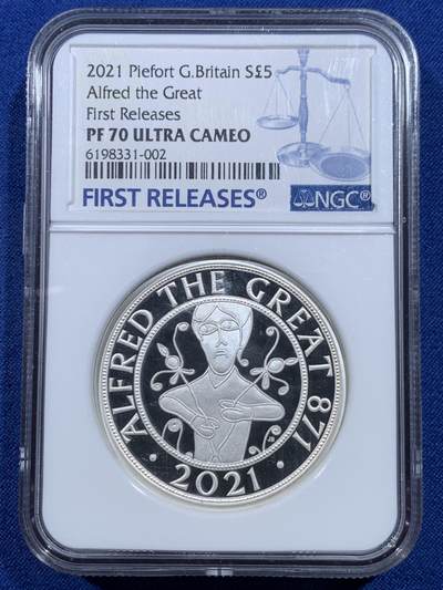 《竞宝斋》第482场 周日，周一 2场连拍 （全场包邮）20级店铺 欢迎送拍 - NGC PF70UC 英国2021年“阿尔弗雷德大帝”5英镑，加厚（Piefort）精制银币，克重56.56克，925银，满分超深浮雕，并带有First Releases（首期发行）特殊标签，盒证齐全。加厚盒
