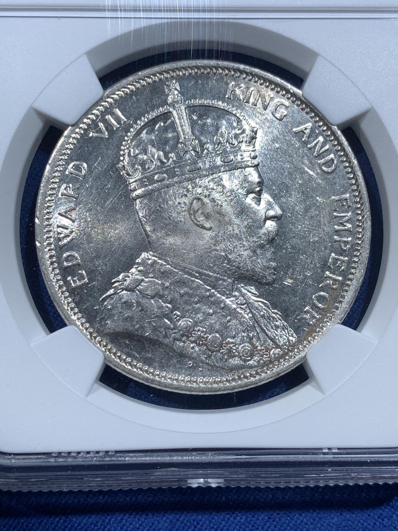 《竞宝斋》第482场 周日，周一 2场连拍 （全场包邮）20级店铺 欢迎送拍 NGC MS63 1904年英属海峡爱德华七世一元大样银币 顶级转光 还未见过如此炫亮的海峡 值得入手