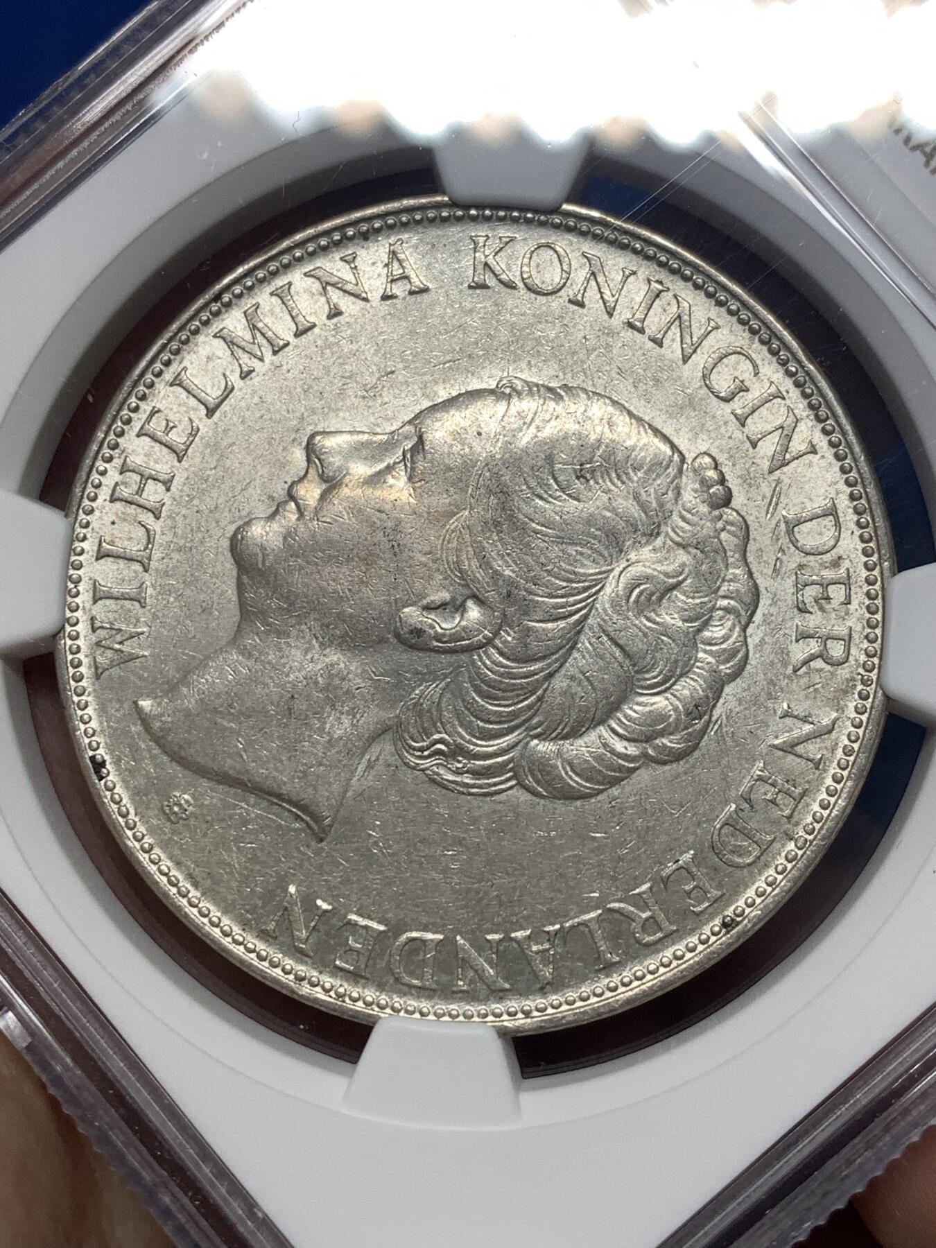 《竞宝斋》第482场 周日，周一 2场连拍 （全场包邮）20级店铺 欢迎送拍 NGC AU58 荷兰1940年威廉米娜女王2.5盾大银币