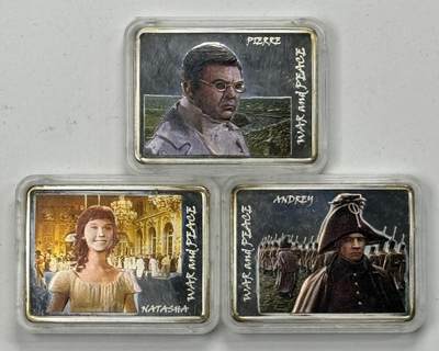 S&S Numismatic世界钱币-拍卖 第126期  库克群岛2012年 卫国战争200周年-战争与和平（列夫托尔斯泰名著）5元彩色精制矩形纪念银币3枚全套 3X1盎司925银 发行量10000枚，芬兰造币厂出品  品相如图，壳子内裂