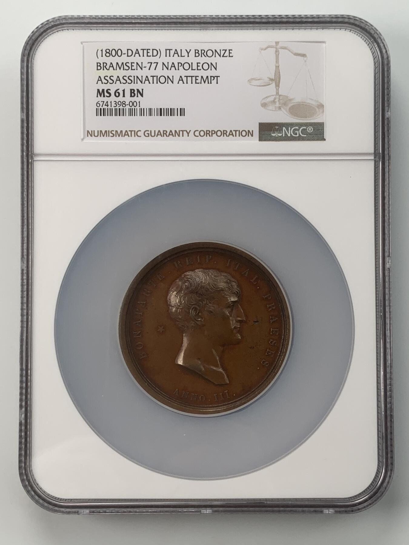 掌中浮雕-藏着的欧洲第059场 NGC MS61 : 1800年意大利刺杀拿破仑事件铜章, 60mm ,Manfredini雕刻，正面为时任法兰西共和国第一执政的拿破仑，此款头像不多见