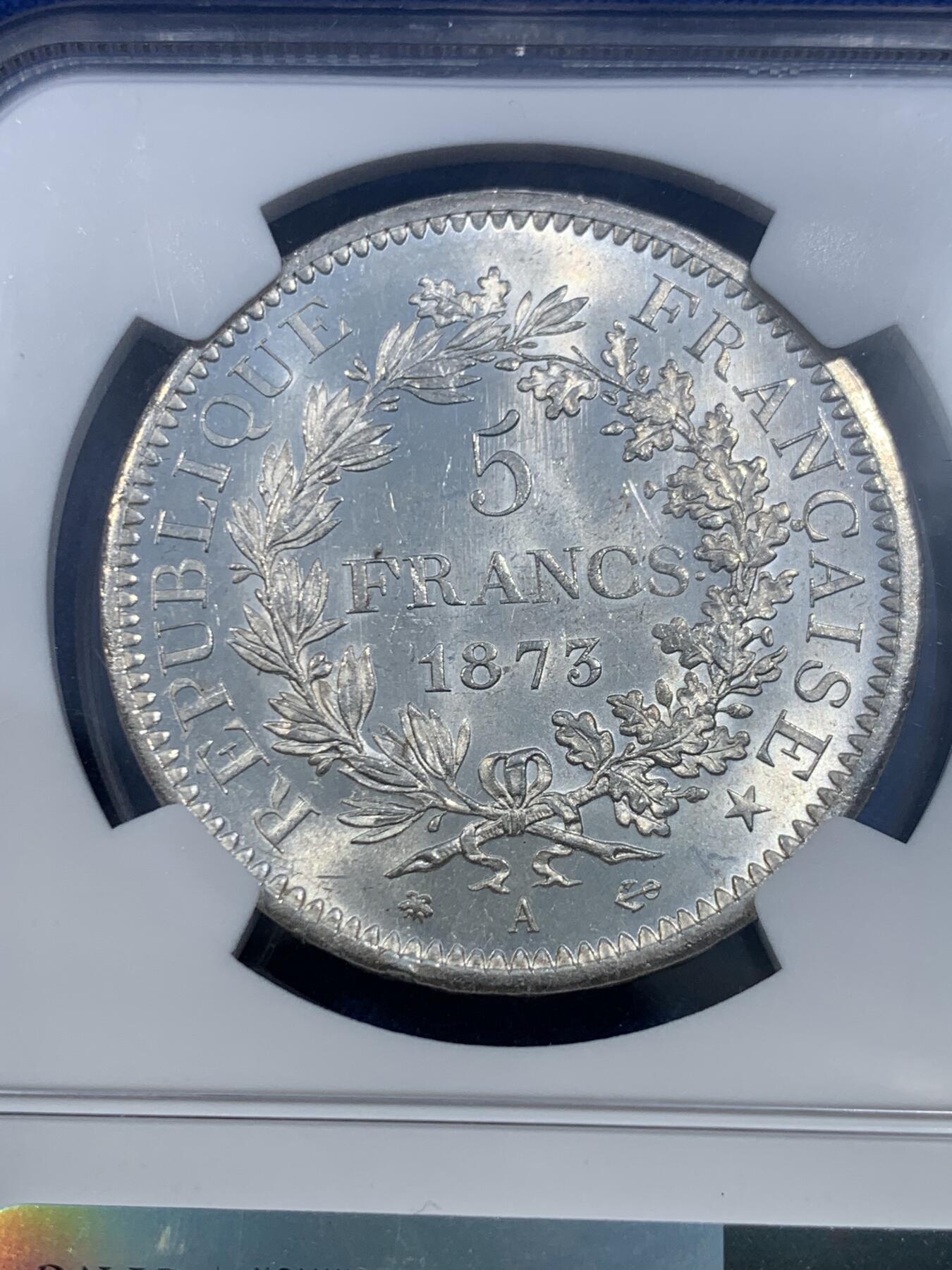 《竞宝斋》第482场 周日，周一 2场连拍 （全场包邮）20级店铺 欢迎送拍 NGC MS64 法国 法兰西第三共和国1873A大力神5法郎银币 好品好质感 分数也不错