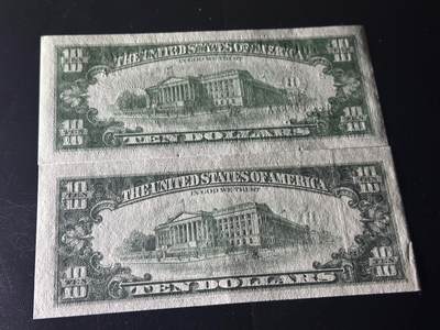 《外钞收藏家》第六百二十九期（精品场）（长期征集拍品、欢迎藏友们联系合作） 美国小头版1990和63年10美元2张一起 63年边上有瑕疵2个裂口+90年全新不绝小瑕疵