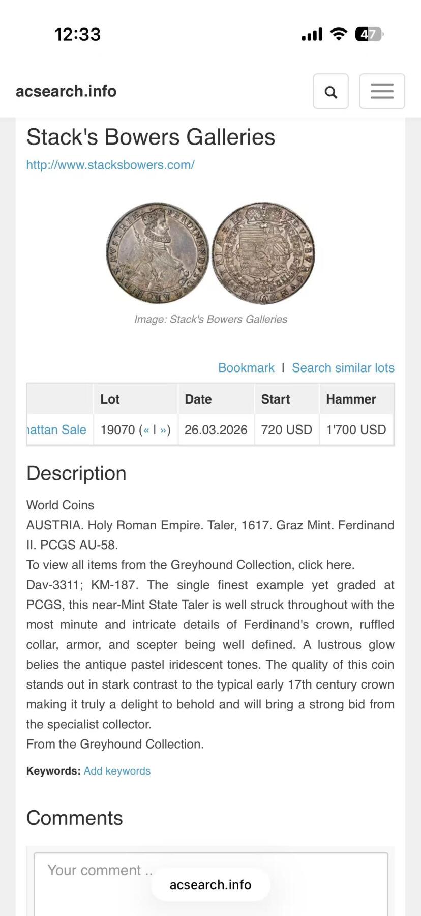 《竞宝斋》第481场 周日，周一 2场连拍 （全场包邮）20级店铺 欢迎送拍 NGC AU58 奥地利帝国 1617年 施蒂利亚公国 费迪南德 泰勒大银币 独年发行 稀少格拉兹厂版本 历经400多年 细节依然传神 去年53分成交价过1W 上月同分1.5w成交