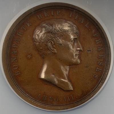 掌中浮雕-藏着的欧洲第059场 - NGC MS61 : 1800年意大利刺杀拿破仑事件铜章, 60mm ,Manfredini雕刻，正面为时任法兰西共和国第一执政的拿破仑，此款头像不多见