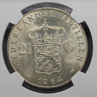 【淘币小摊】实时拍第八百九十六拍   银币套币场    每周一统一发货 荷属安德烈斯1964年2.5盾银币 NGC MS62