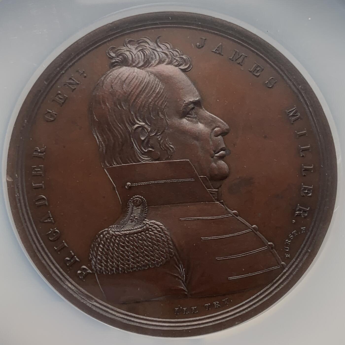 掌中浮雕-藏着的欧洲第059场 NGC MS63 ：1814年美国詹姆斯米勒准将铜章，65mm，原铸，稀少