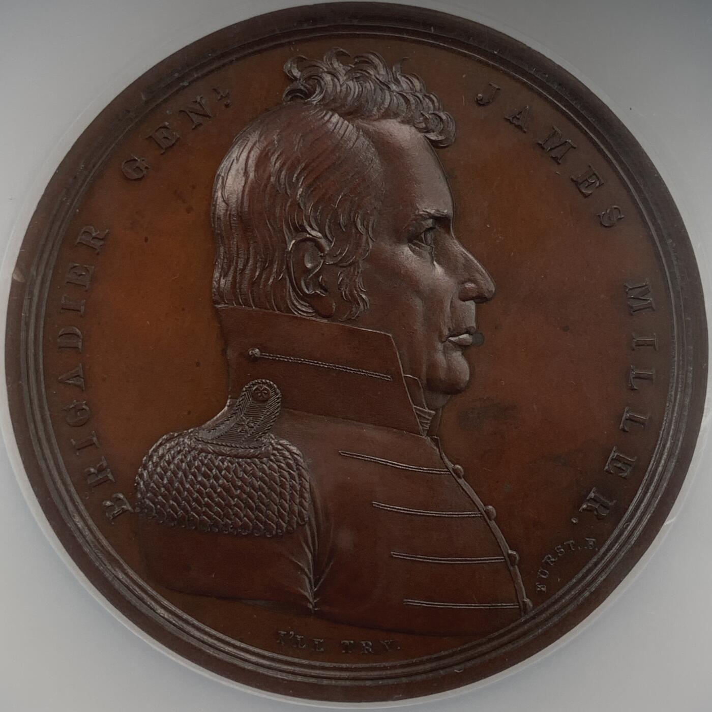 掌中浮雕-藏着的欧洲第059场 NGC MS63 ：1814年美国詹姆斯米勒准将铜章，65mm，原铸，稀少