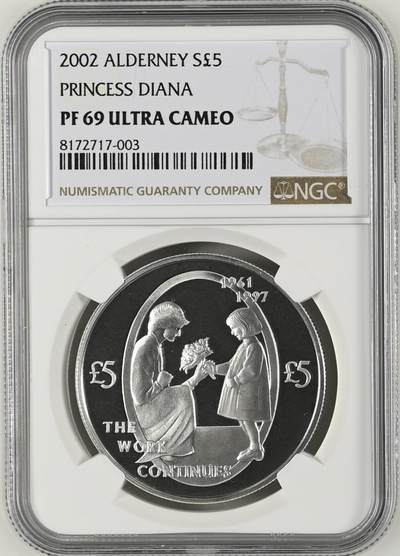 S&S Numismatic世界钱币-拍卖 第126期  - 获奖币*奥尔德尼岛2002年 戴安娜王妃逝世5周年 5英镑精制纪念银币 NGC PF69UC  28.28克925银