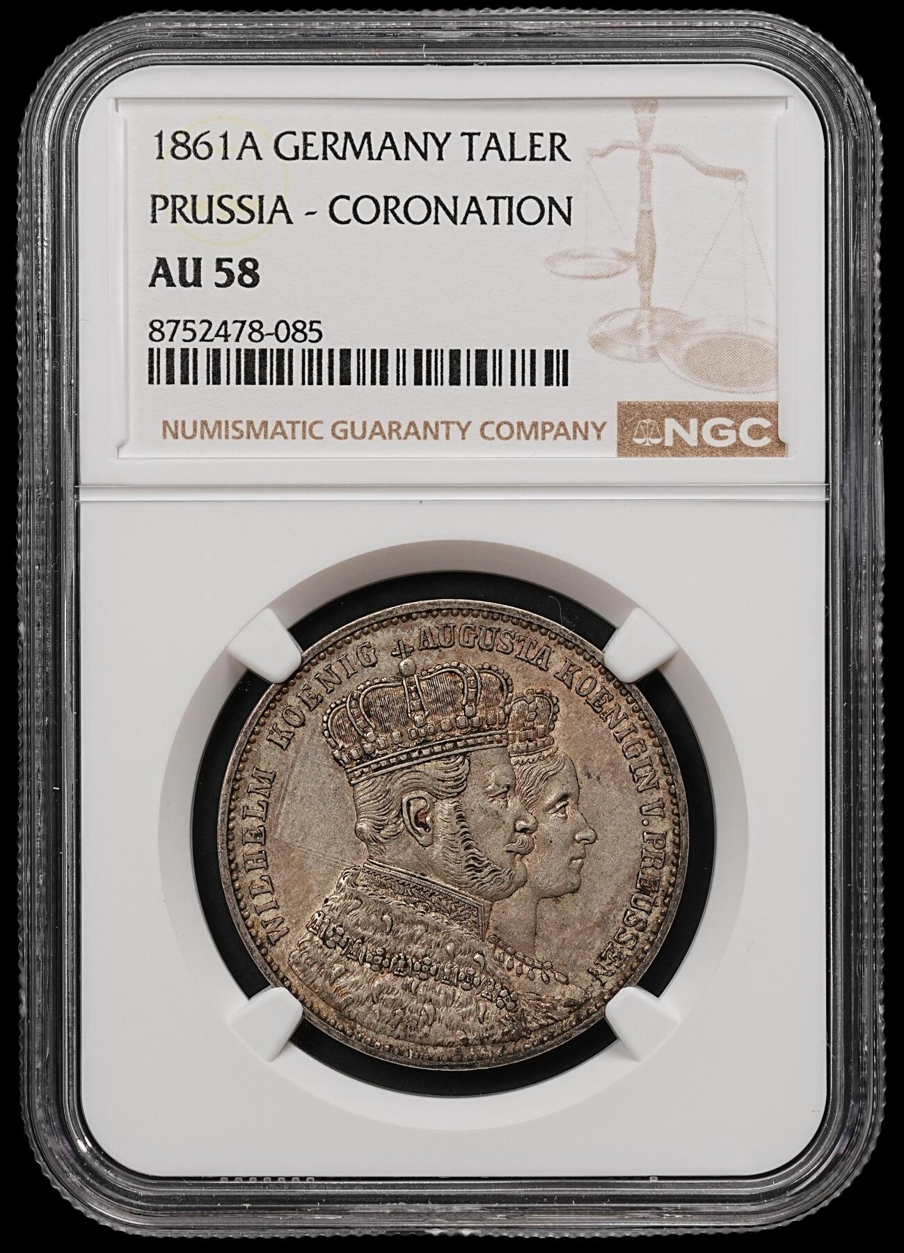 修遠堂世界钱币第112期 NGC AU58 1861年普鲁士威廉一世加冕纪念1泰勒银币