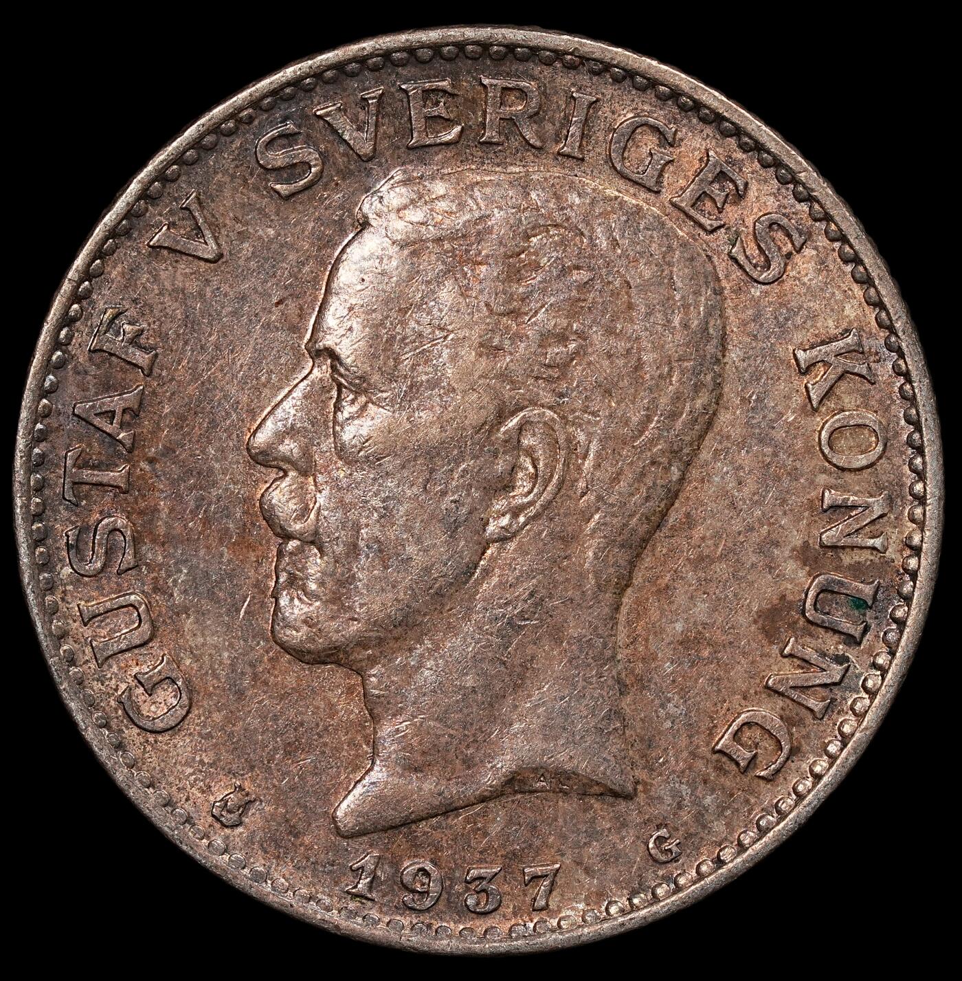 修遠堂世界钱币第112期 1937年瑞典1克朗银币，7.48g，含银80%