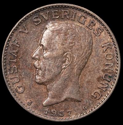 修遠堂世界钱币第112期 - 1937年瑞典1克朗银币，7.48g，含银80%