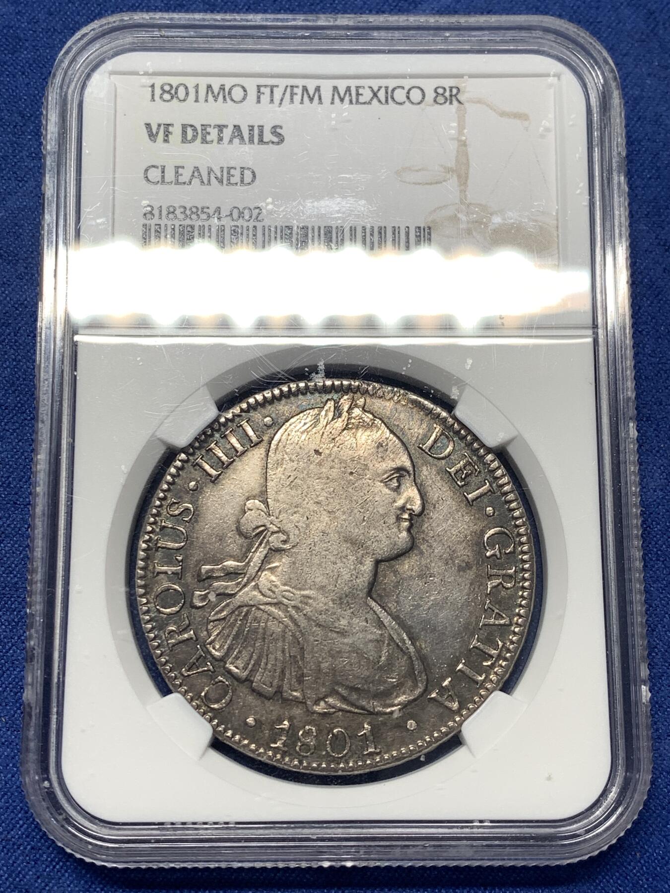 《竞宝斋》第482场 周日，周一 2场连拍 （全场包邮）20级店铺 欢迎送拍 NGC VFD 1801年西属墨西哥卡洛斯四世8R银币 F·T/F·M骑字版