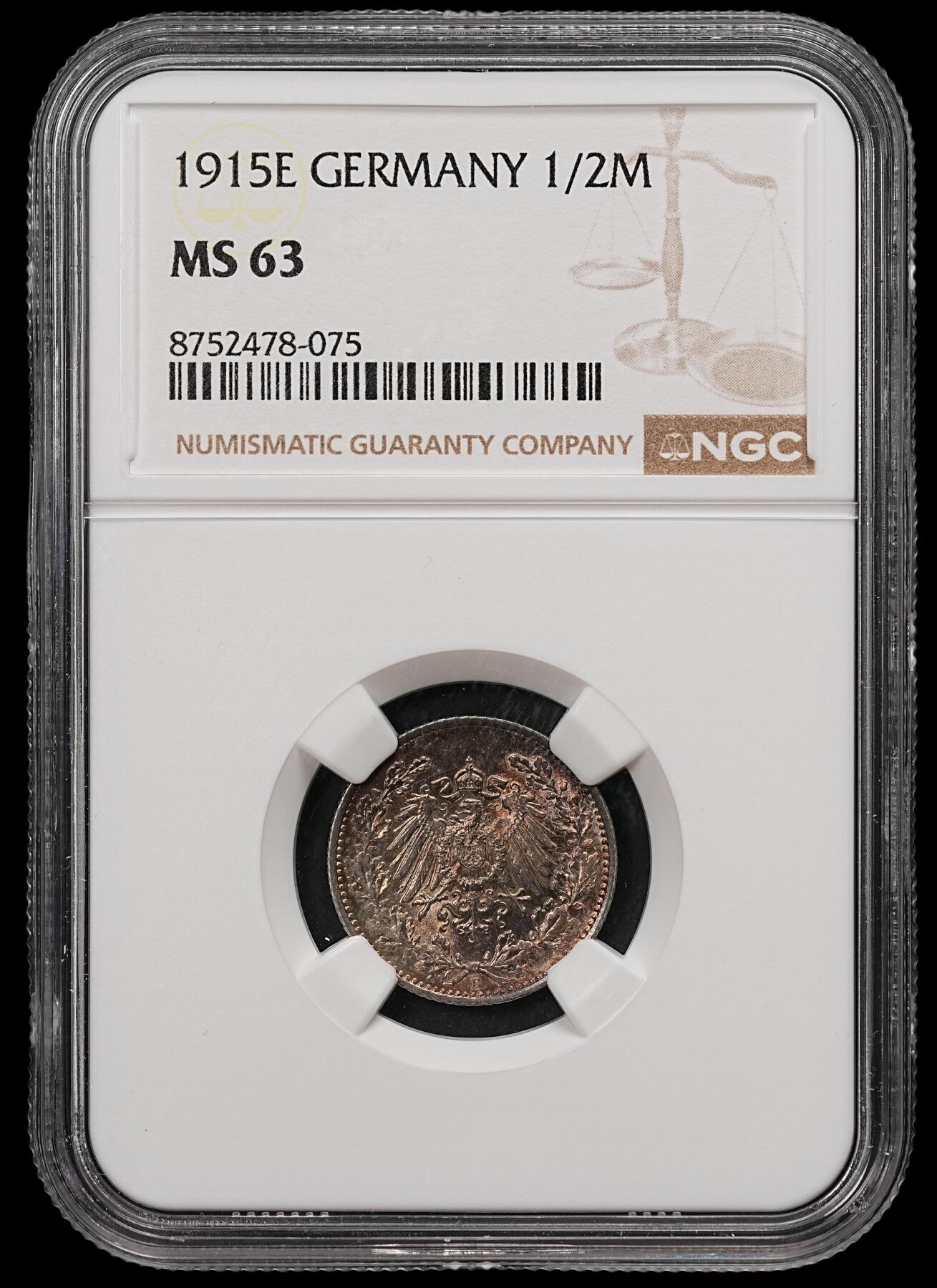 修遠堂世界钱币第112期 NGC MS63  1915年德国1/2马克银币，E厂铭