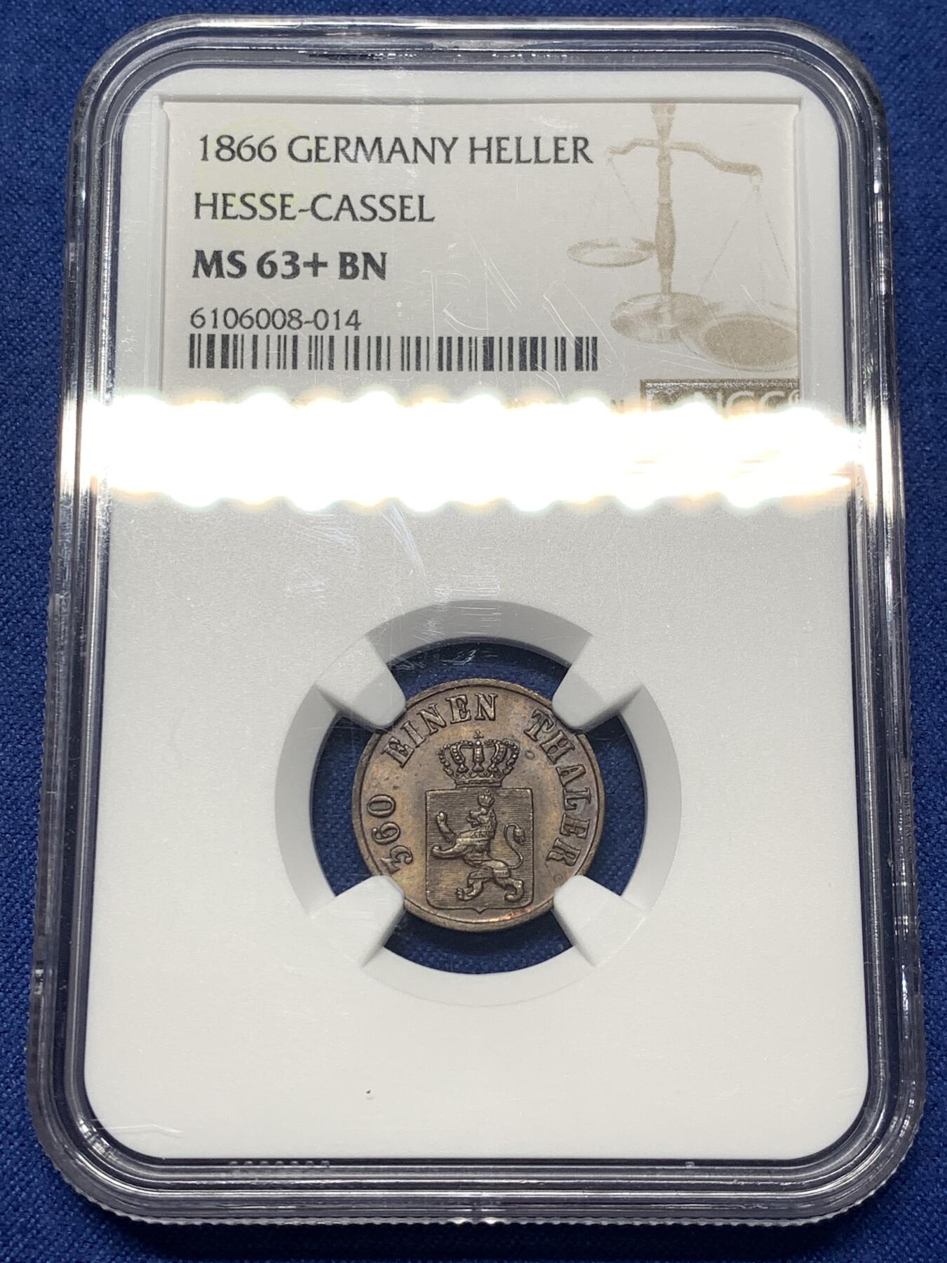 《竞宝斋》第482场 周日，周一 2场连拍 （全场包邮）20级店铺 欢迎送拍 唯一冠军分 NGC MS63+BN 德国1866年黑森卡塞尔邦1赫勒铜币 