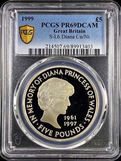 【雨安】【直播拍卖】【评级币章-132期】 2026-04-25 周六 19:30 (金价1050, 银价18.60)  [评级现代] Great Britain 英国 5镑 1999年 戴安娜 PCGS-PR69DCAM 精制币