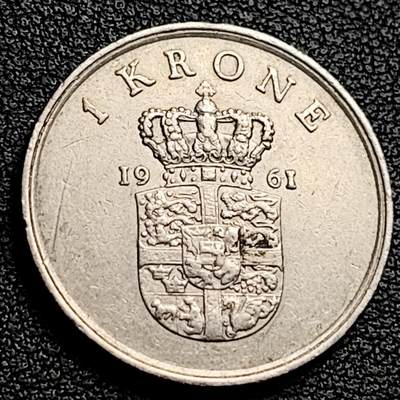泉币菌-第230场-拍品多 请提前出价 丹麦1961年1克朗 皇冠 弗雷德里克九世国王 25.5mm