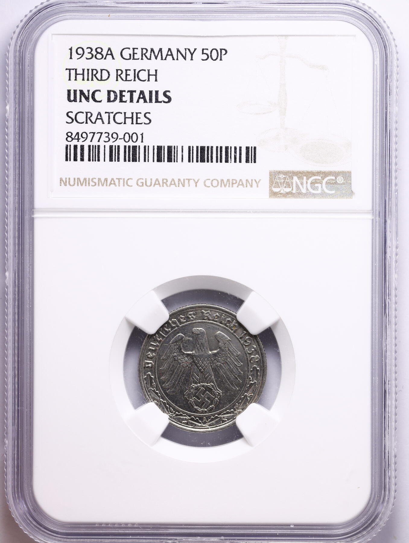 观钱 近现代机制币拍卖No.009（全场顺丰包邮，不区分偏远地区）  1938-A 德国第三帝国 50 芬尼 NGC UNC Details (Scratches)