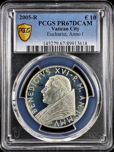 【雨安】【直播拍卖】【评级币章-132期】 2026-04-25 周六 19:30 (金价1050, 银价18.60)  [评级欧元] Vatican 欧元 梵蒂冈 10欧元 2005年 圣体圣事 PCGS-PR67DCAM 精制币