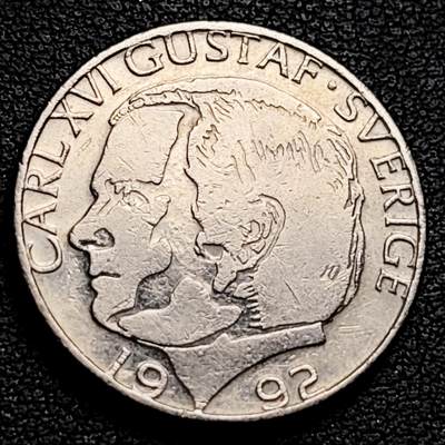 泉币菌-第230场-拍品多 请提前出价 瑞典1992年1克朗铜镍币，卡尔十六世 古斯塔夫，25mm
