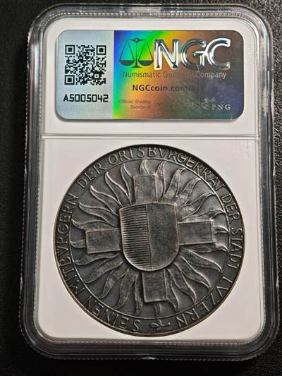 【德藏】世界币章拍卖第170期（拍品征集中~欢迎藏友联系） 1920年 瑞士卢塞恩边境守护纪念银章 深彩包浆 人物传神 少见品种 NGC MS62